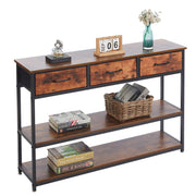 rustic 3 drawer console table with three fabric drawers and a bottom shelf, perfect for organized storage.