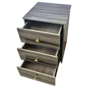 Modern 3-Drawer Side Table BST-01 with a sophisticated grey finish and gold accents, showcasing three open drawers.