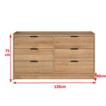 6-Drawer Chest of Drawers SD-30 with dimensions 120cm x 40cm x 75cm, featuring modern wood design for stylish storage.