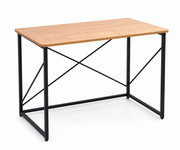 Minimalist Computer Desk with X-Frame Design showcasing a sleek wooden top and sturdy black metal legs.