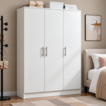 White 3-door bedroom wardrobe positioned beside a bed in a modern room
