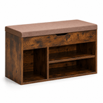 Rustic Shoe Storage Bench with Cushion featuring a padded top and hidden storage compartment.
