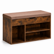 Rustic Shoe Storage Bench with Cushion featuring a padded top and hidden storage compartment.