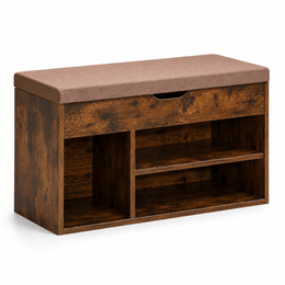 Rustic Shoe Storage Bench with Cushion featuring a padded top and hidden storage compartment.