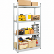 4-tier adjustable metal storage shelving unit with boxes and tools on white background