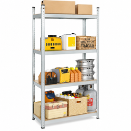 4-tier adjustable metal storage shelving unit with boxes and tools on white background