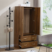 Wooden wardrobe with open doors in a room with a coat rack and chair. | Artisansa SA
