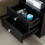 Drawers of a White Bedside Table with Drawers showcasing cosmetic products and a stylish design.