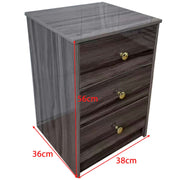 Modern 3-Drawer Side Table BST-01 showcasing its elegant grey finish and gold accents, dimensions 56cm height, 36cm width, 38cm depth.