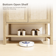 Boho Rattan Storage Cabinet with bottom open shelf for extra storage and room for cleaning.