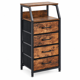 Rustic 4 drawer storage cabinet with double shelf, fabric drawers and metal frame