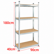 Dimensions of 4-tier metal storage shelf measuring 90 x 40 x 180 cm
