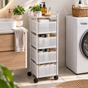 Portable rolling storage cart with lockable wheels and durable iron frame for home organization.