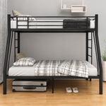 Front view of black triple sleeper bunk bed with upper single and lower double beds