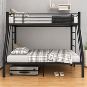 Front view of black triple sleeper bunk bed with upper single and lower double beds