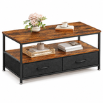 Rustic 110cm coffee table with two fabric drawers and open shelf