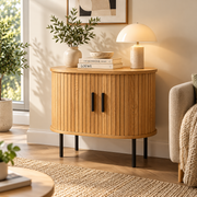 Oval Side Table with Storage and Sliding Tambour Doors