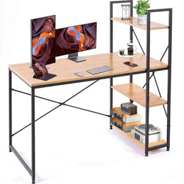 Modern Teak Computer Desk with Top Shelf & Storage