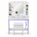 LED dressing table with mirror and stool, white makeup vanity with storage drawers