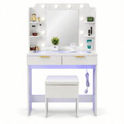 LED dressing table with mirror and stool, white makeup vanity with storage drawers