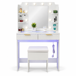 LED dressing table with mirror and stool, white makeup vanity with storage drawers
