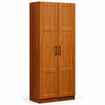 Tall walnut storage cabinet wardrobe with two doors and black handles