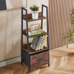 Industrial ladder bookshelf with drawer in a modern living room