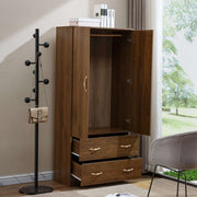 Wooden wardrobe with open doors in a room with a coat rack and chair. | Artisansa SA