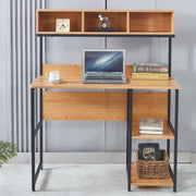 Computer Desk Student Table with open shelves, laptop, books, and decorative items in a modern workspace.