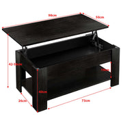 Black lift-top table with dimensions marked on a white background| Artisansa SA
