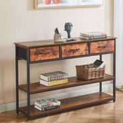 Rustic 3 drawer console table OT-202 with three fabric drawers and bottom shelf for stylish storage.