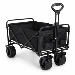 Black collapsible outdoor cart with brakes on white background