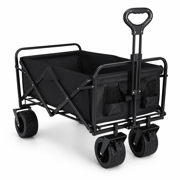 Black collapsible outdoor cart with brakes on white background