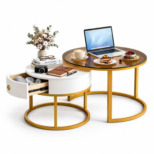 Round Nesting Coffee Table Set with Storage Drawer