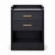 Black bedside table with two drawers, gold handles and open storage shelf