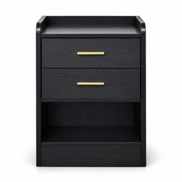 Black bedside table with two drawers, gold handles and open storage shelf