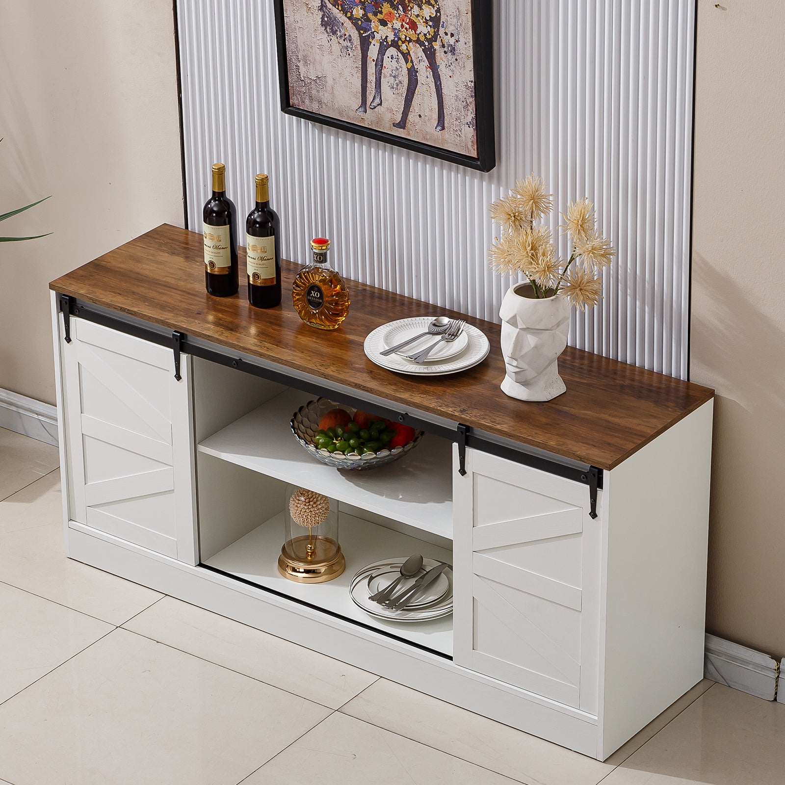 Farmhouse Sliding TV Stand with rustic wood top, stylish decor, and dishes displayed on a modern sideboard.