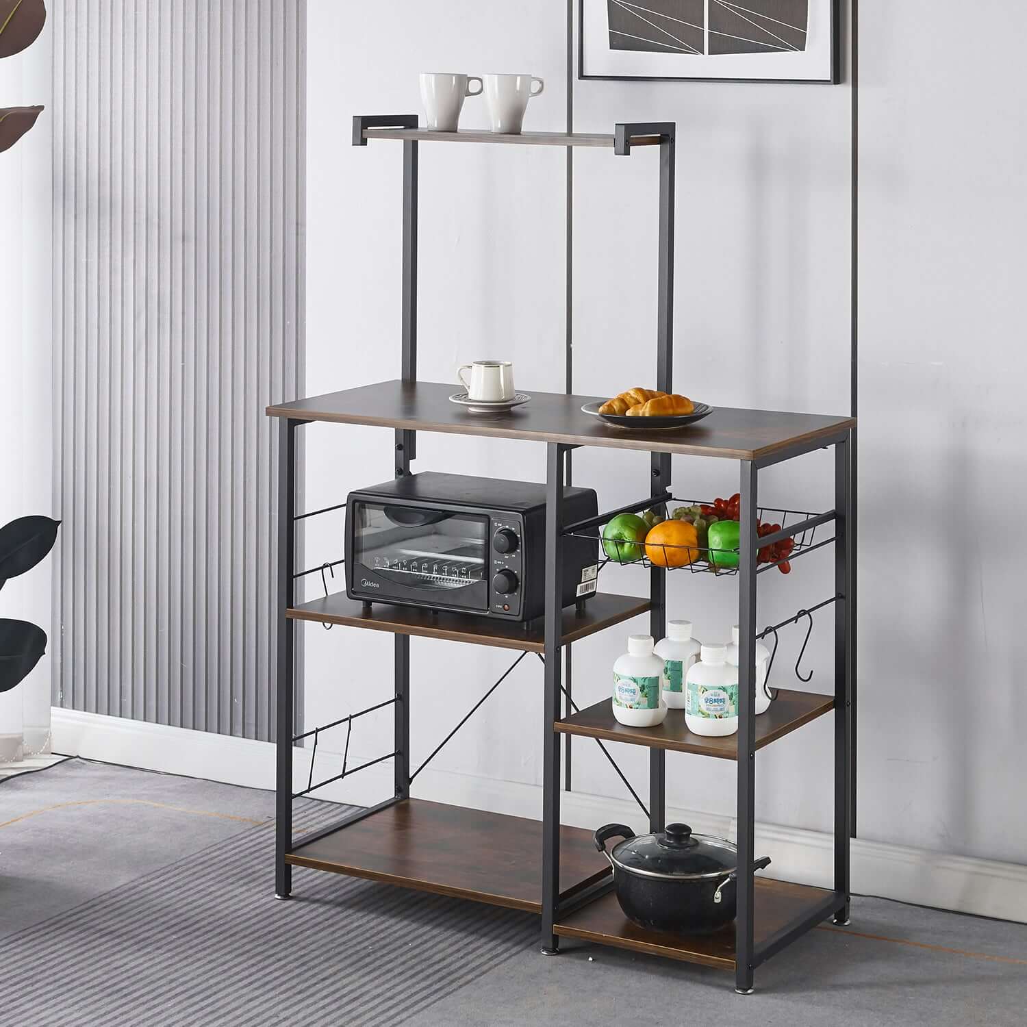 Kitchen Baker's Rack with Microwave Stand and wire baskets, perfect for kitchen organization and coffee station.