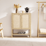 Boho Rattan Storage Cabinet with decorative items, perfect for stylish home organization and decor.