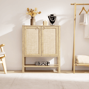 Boho Rattan Storage Cabinet with decorative items, perfect for stylish home organization and decor.