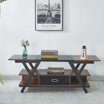 Wooden TV stand with books and decor items against a white wall with an Eiffel Tower poster.| Artisansa SA