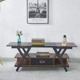 Wooden TV stand with books and decor items against a white wall with an Eiffel Tower poster.| Artisansa SA