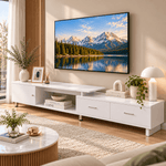 Extendable TV unit with open media shelf and slim metal legs