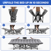 Quick 10-second setup guide for portable folding camping cot with mattress