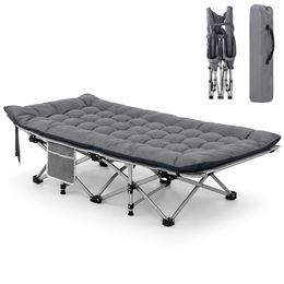 Grey folding camping cot with mattress on white background