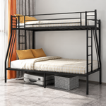 Black triple sleeper bunk bed with dual ladders and under-bed storage space