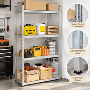 Adjustable metal shelving unit in garage with close-up construction details