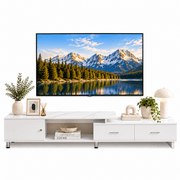 Extendable marble-top TV unit with two drawers, cabinet and open shelf