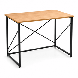 Minimalist Computer Desk with X-Frame Design showcasing a sleek wooden top and sturdy black metal legs.