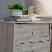 Modern 3-Drawer Side Table featuring elegant grey finish with gold accents and decorative plant.